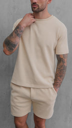 Cotton Blend Premium Ribbed Short-Set in Cream