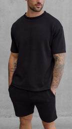 Cotton Blend Premium Ribbed Short-Set in Black