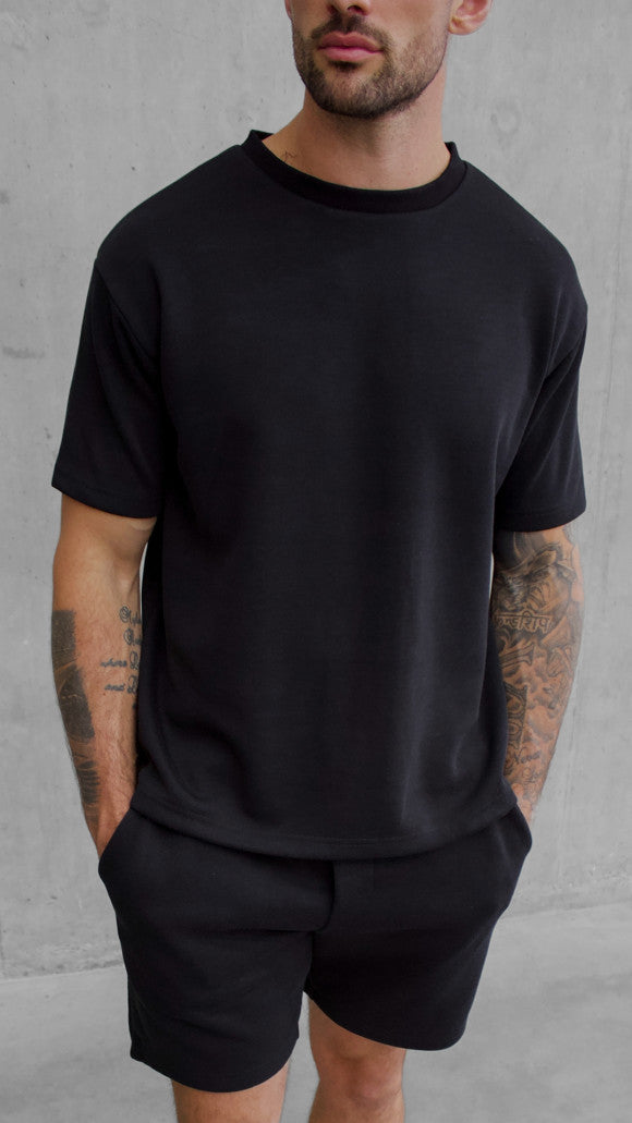 Cotton Blend Premium Ribbed Short-Set in Black