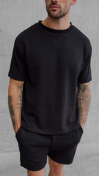 Cotton Blend Premium Ribbed Short-Set in Black